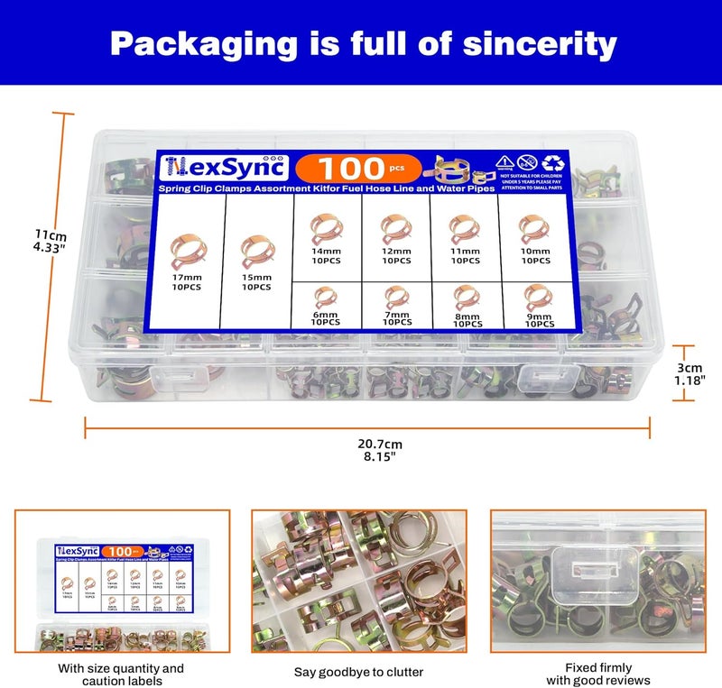 NexSync 100 Pcs Adjustable Spring Hose Clamps, Spring Band Clips Clamps Kit, Silicone Vacuum Hose Water Pipe Air Tube Low Pressure Clamps Fastener Assortment Kit - 6mm/7mm/8mm/9mm/10mm - Image 4